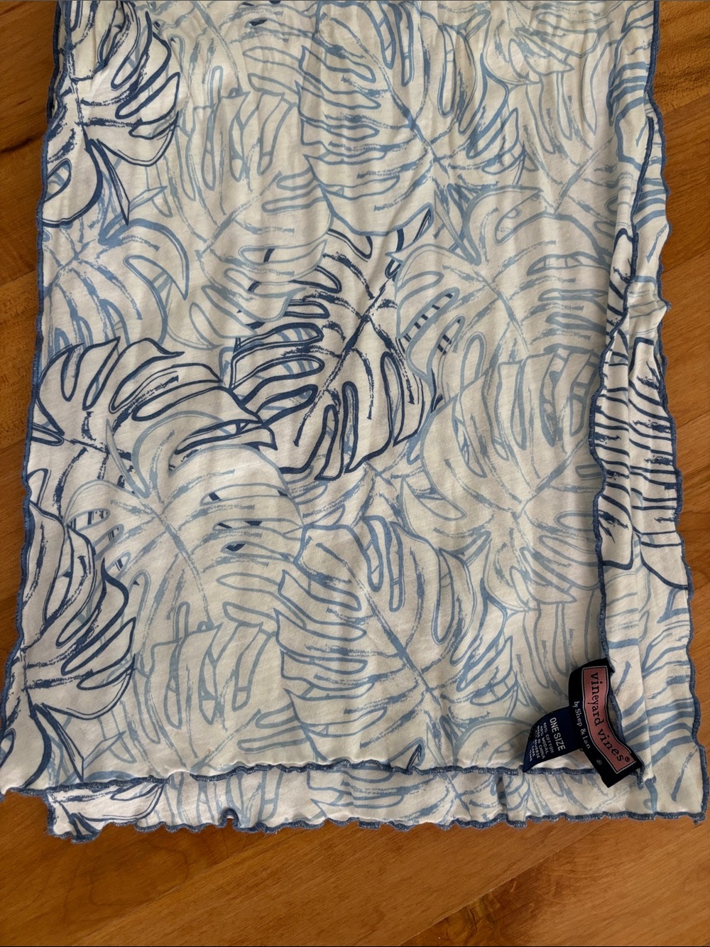 Vineyard Vines White Scarf with Light Blue Leaf Motif